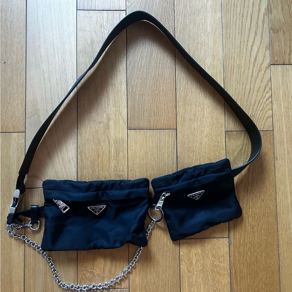 Prada Handbags - Prada Black Dual Pouch Crossbody Belt Bag with Silver Chain - 100% Authentic